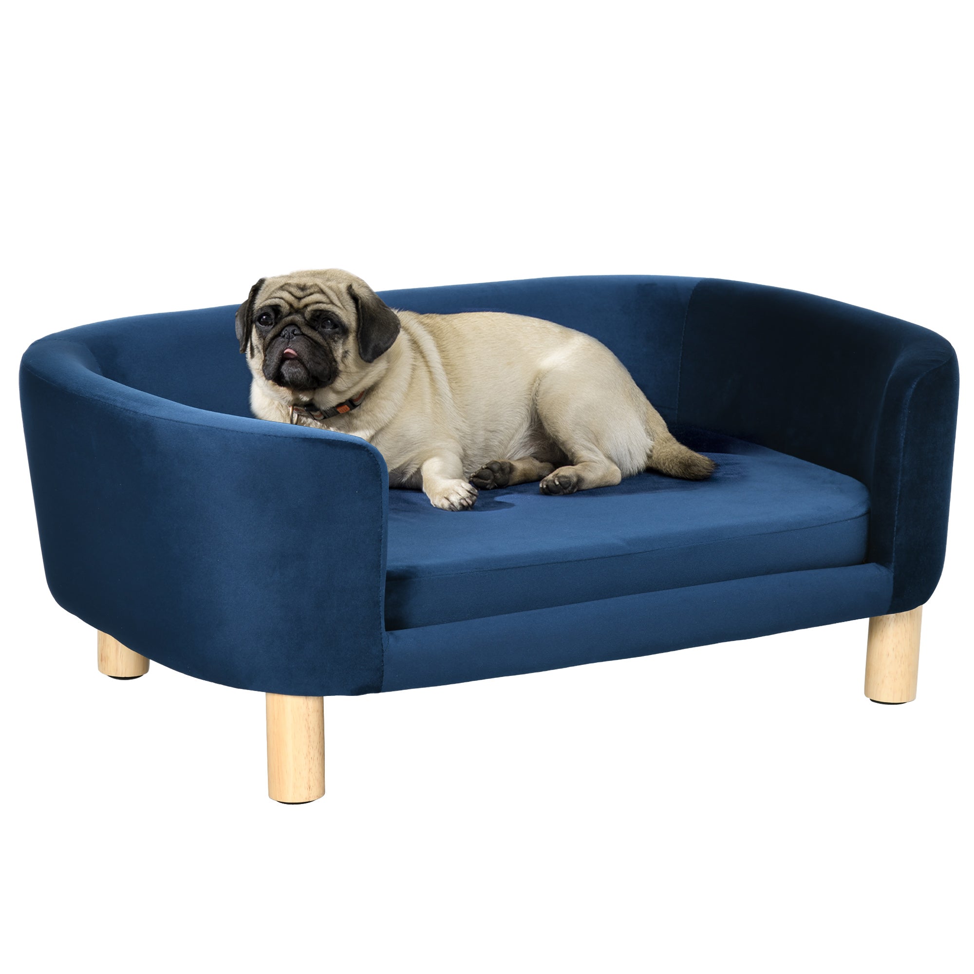 Hundesofa Hundeseng Lavet Hollandsk Fløjl Hundeseng Med Ryglæn Træben Blå Hynde 4255923183958