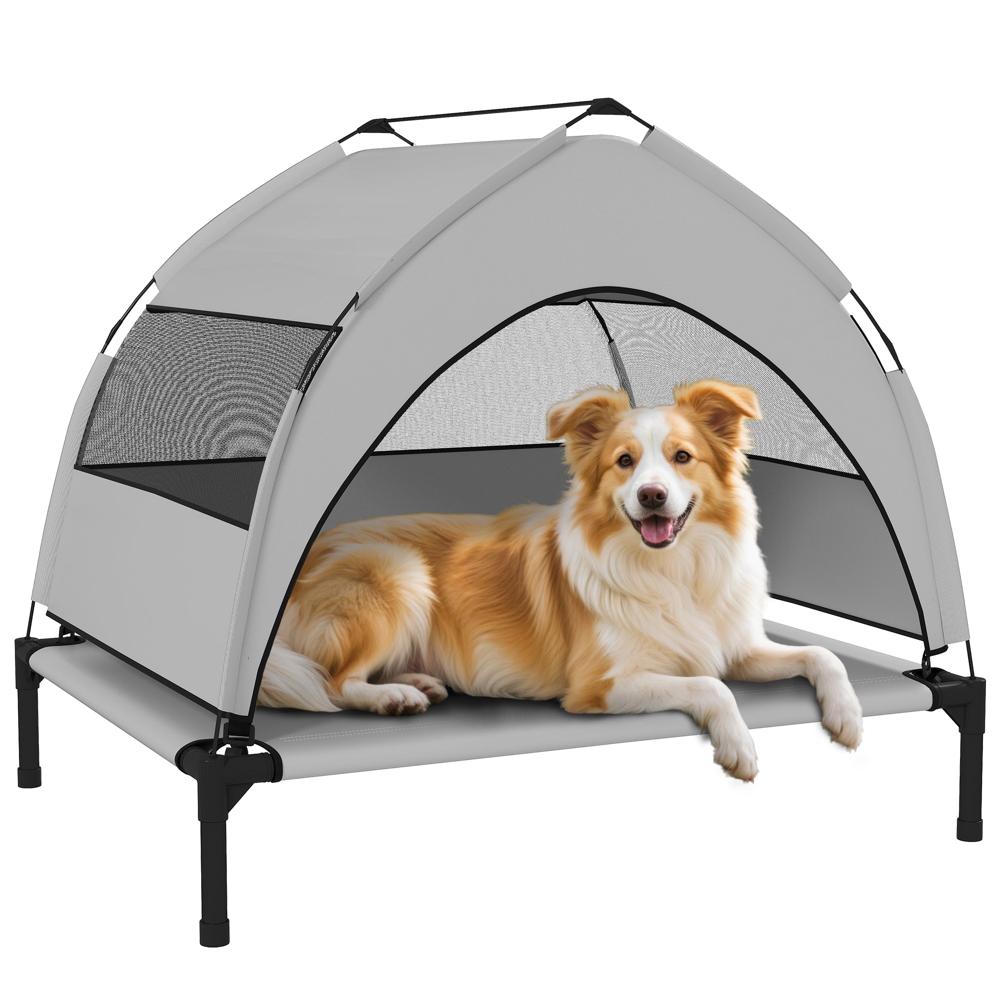 Udendørs Hundeseng Med Tag Hævet Hundeseng Til Mellemstore Hunde Med Stålramme 76x61x70cm Lysegrå 4255923107534